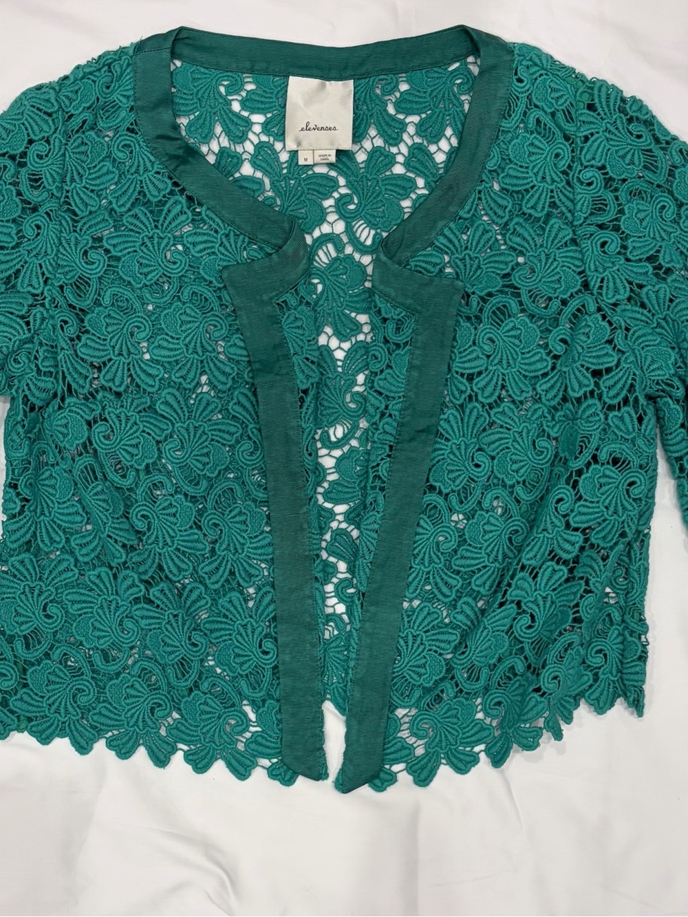 elevenses Teal Floral Lace Open-Front cardigan